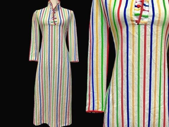 Vintage 70’s Rainbow Striped Dress Loungewear Mod… - image 1