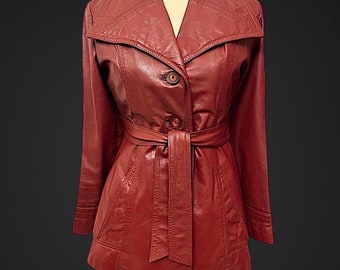 Vintage 70’s Leather Oxblood Belted Jacket Small Gorgeous 1970s Oversized Collar Blazer