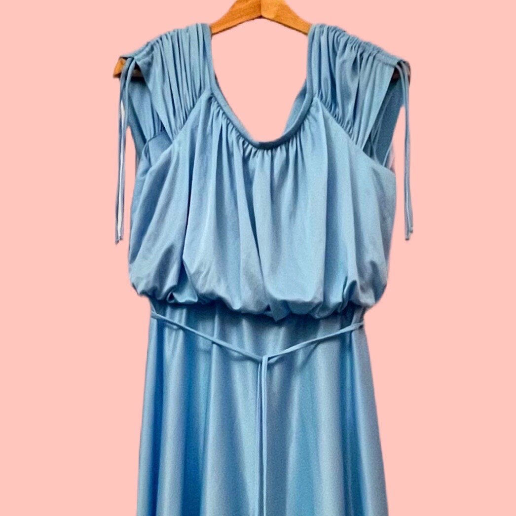 Sale Vintage 70s Extra Long Formal Dress Large Blue Floor Length Maxi