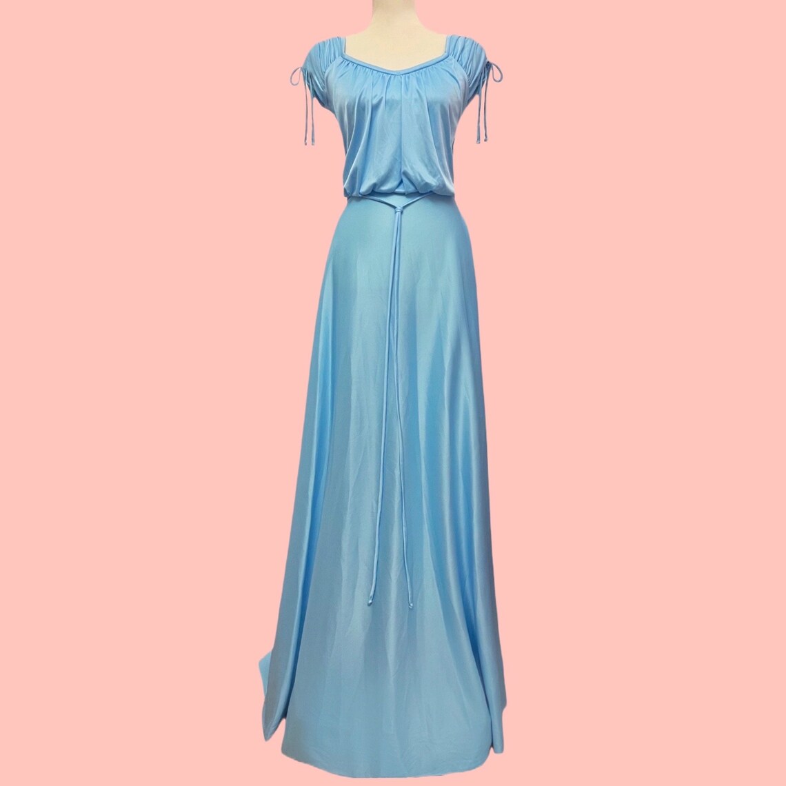 Sale Vintage 70s Extra Long Formal Dress Large Blue Floor Length Maxi