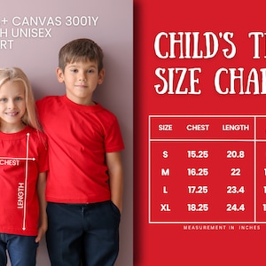K&ouml;nnte beinhalten: Eine Gr&ouml;&szlig;entabelle f&uuml;r ein Kinder-T-Shirt. Die Tabelle zeigt die Gr&ouml;&szlig;e, die Brustweite in Zoll, die L&auml;nge in Zoll und die Altersgruppe, die die Gr&ouml;&szlig;e passt. Die Tabelle befindet sich auf einem roten Hintergrund.