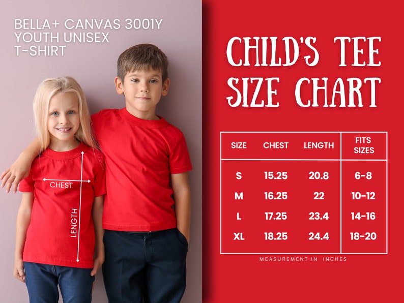 K&ouml;nnte beinhalten: Eine Gr&ouml;&szlig;entabelle f&uuml;r ein Kinder-T-Shirt. Die Tabelle zeigt die Gr&ouml;&szlig;e, die Brustweite in Zoll, die L&auml;nge in Zoll und die Altersgruppe, die die Gr&ouml;&szlig;e passt. Die Tabelle befindet sich auf einem roten Hintergrund.