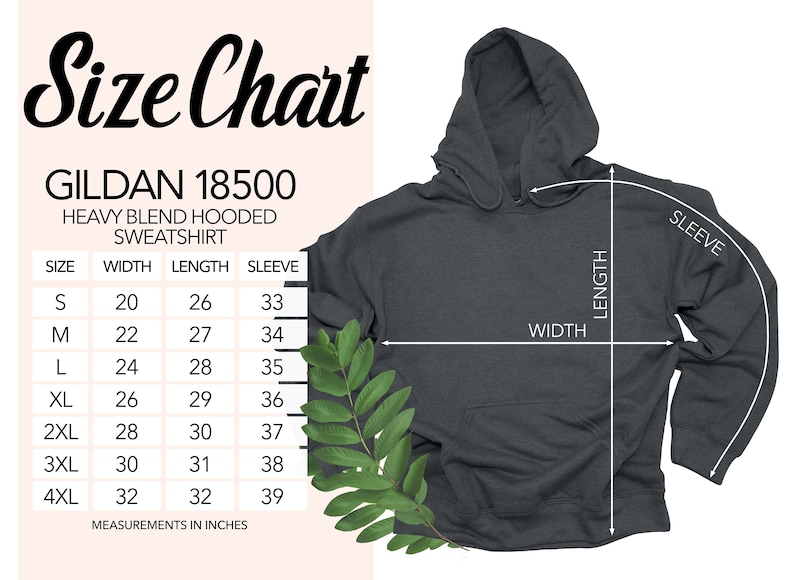 K&ouml;nnte beinhalten: Gr&ouml;&szlig;entabelle f&uuml;r ein Gildan 18500 Heavy Blend Kapuzen-Sweatshirt. Die Tabelle zeigt die Ma&szlig;e in Zoll f&uuml;r Breite, L&auml;nge und &Auml;rmell&auml;nge f&uuml;r die Gr&ouml;&szlig;en S bis 4XL.