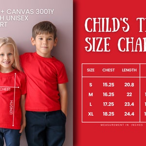 May include: Two children wearing red t-shirts, with a size chart for youth unisex tees. The chart shows chest and length measurements in inches for sizes S, M, L, and XL, with corresponding age ranges.
