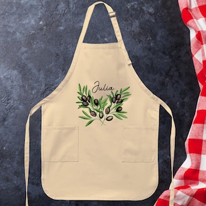 Personalized Kitchen Apron with Branch Olive, Custom Name Cooking Apron with Pockets, Chef Apron, Cooking Apron, Cute Kids Apron