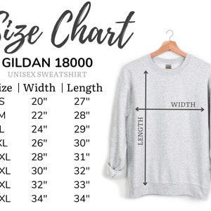 May include: A light gray unisex sweatshirt hanging on a wooden hanger. The image includes a size chart with measurements in inches for width and length, ranging from size small to 5XL. The text "Size Chart" is at the top.