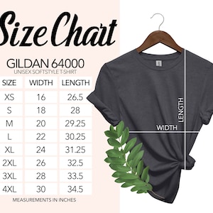 May include: A dark gray Gildan 64000 unisex softstyle t-shirt hanging on a wooden hanger. The image includes a size chart with measurements in inches, detailing width and length for sizes XS to 4XL.