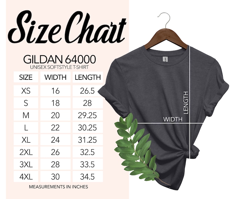 May include: A dark gray Gildan 64000 unisex softstyle t-shirt hanging on a wooden hanger. The image includes a size chart with measurements in inches, detailing width and length for sizes XS to 4XL.