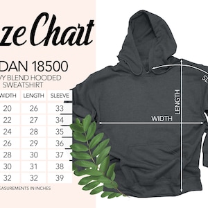 May include: A dark gray Gildan 18500 heavy blend hooded sweatshirt with a size chart. The chart shows measurements in inches for width, length, and sleeve for sizes S to 4XL. The sweatshirt has a hood and a front pocket.
