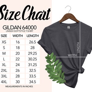 K&ouml;nnte beinhalten: Gr&ouml;&szlig;entabelle f&uuml;r ein Gildan 64000 Unisex Softstyle T-Shirt. Die Tabelle zeigt die Breite und L&auml;nge in Zoll f&uuml;r die Gr&ouml;&szlig;en XS bis 4XL.