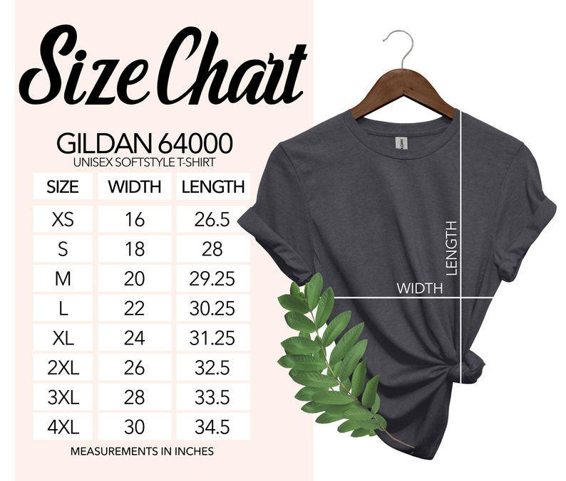 K&ouml;nnte beinhalten: Gr&ouml;&szlig;entabelle f&uuml;r ein Gildan 64000 Unisex Softstyle T-Shirt. Die Tabelle zeigt die Breite und L&auml;nge in Zoll f&uuml;r die Gr&ouml;&szlig;en XS bis 4XL.
