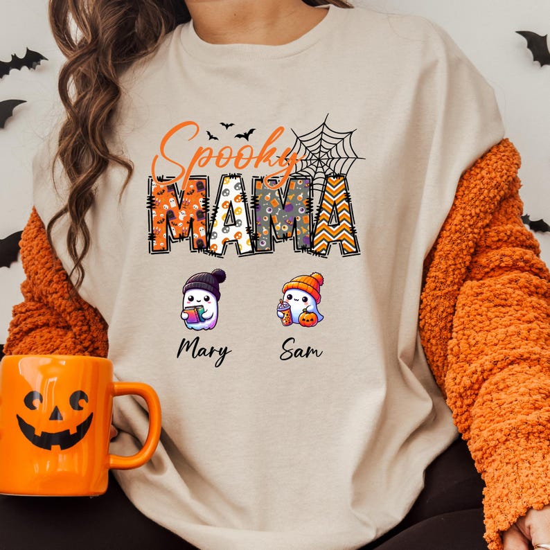 Custom Halloween Spooky Mama Shirt With Kids Name , Custom Mama