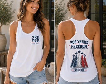 1776 to 2026 Fighter Jet Tank Top, 4th of July Shirt, 250 Years of Freedom, Front and Back Print Patriotic Top, USA Graphic