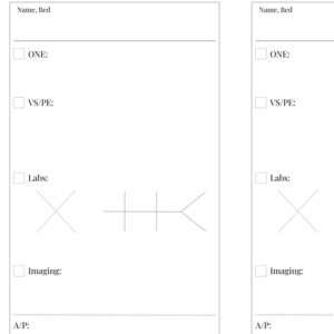 K&ouml;nnte beinhalten: Ein medizinisches Formular mit dem Text "Name, Bed", Kontrollk&auml;stchen und Abschnitten mit der Bezeichnung "ONE:", "VS/PE:", "Labs:", "Imaging:" und "A/P:". Das Formular enth&auml;lt handgezeichnete Diagramme.
