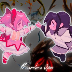 May include: Two anime characters, one in a pink dress and the other in a white dress, are shown in a stylized illustration. The pink character has pink hair and a pink bow. The white character has black hair and a white bow. The text "Preorders Open" is written in red at the bottom of the image.