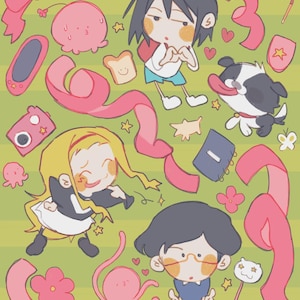 以下が含まれることがあります： 「TAKOPi AND FRIENDS」の文字と様々な漫画のイラストが描かれたステッカーシート。ピンク、黄色、青色のキャラクター、リボン、花、その他の装飾要素が緑色の背景に配置されています。
