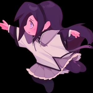 May include: A cartoon illustration of a young girl with long, dark purple hair wearing a white and purple dress with a frilly skirt. She is flying through the air with her arms outstretched.
