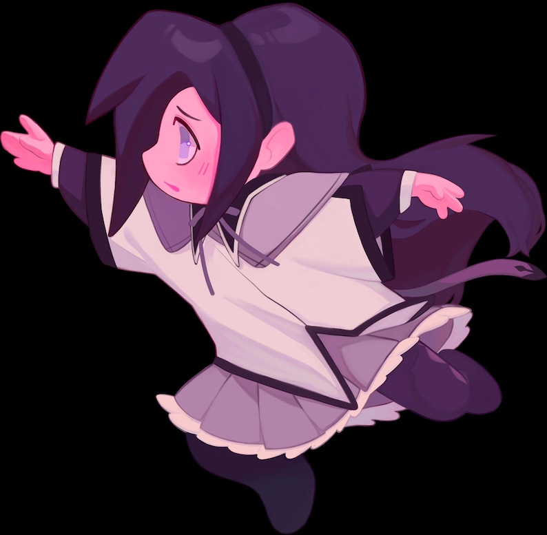 May include: A cartoon illustration of a young girl with long, dark purple hair wearing a white and purple dress with a frilly skirt. She is flying through the air with her arms outstretched.