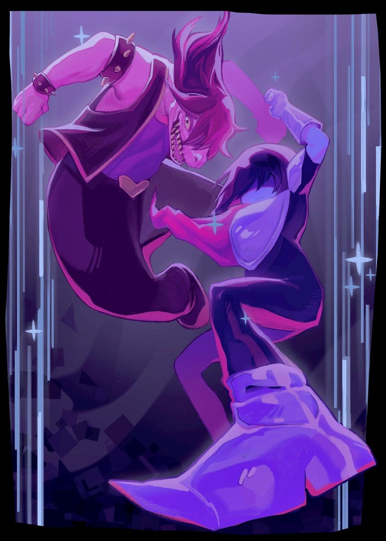 May include: Digital illustration of two characters in dynamic poses, rendered in shades of purple and pink. One figure, with spiky hair and a studded wristband, appears to be attacking another, who is wearing a helmet and gloves. The background is a dark purple.