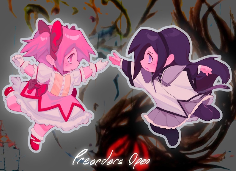 May include: Two anime characters, one in a pink dress and the other in a white dress, are shown in a stylized illustration. The pink character has pink hair and a pink bow. The white character has black hair and a white bow. The text "Preorders Open" is written in red at the bottom of the image.