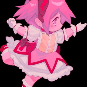 May include: A pink and red cartoon character with pigtails wearing a white dress with a pink and red bow. The character is in a jumping pose with arms outstretched.