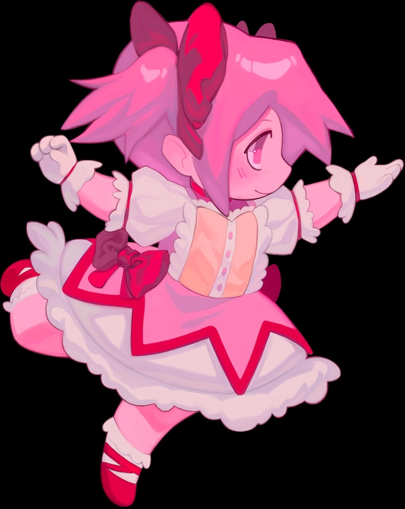 May include: A pink and red cartoon character with pigtails wearing a white dress with a pink and red bow. The character is in a jumping pose with arms outstretched.
