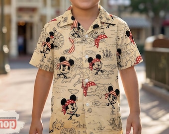 Mickey Pirate Kids Hawaiian Shirt, Disney Cruise Toddler Shirt, Mickey Minnie Pirate Button Up Shirt, Summer Beach Aloha Outfit Disney Gift