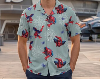 Spider Man Hawaiian Shirt, Marvel Superhero Button Up Shirt, Avengers Campus Vacation Shirt, Men Summer Beach Gift Aloha Top