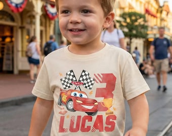 Custom Lightning Race Car Birthday Shirt for Kids, Personalized Name Age Tee, Cars Inspired Toddler Outfit, Disney Trip Birthday Gift