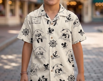 Disney Pirate Kids Hawaiian Shirt, Mickey Pirate Button Up Shirt for Toddler Youth, Disney Cruise Family Vacation Summer Beach Trip Shirt
