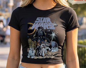 Vintage Star Wars Baby Tee Crop Top, Retro Galaxy’s Edge Disney Shirt for Women, May The 4th Park Outfit, Classic Movie Graphic Tee