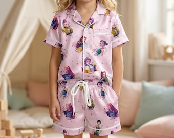 Pink Huntrix Kids Pajama Set, Cute KPop Girl Sleepwear, Girls Short Sleeve Button Up PJs, Soft Summer Kids Lounge Set Gift