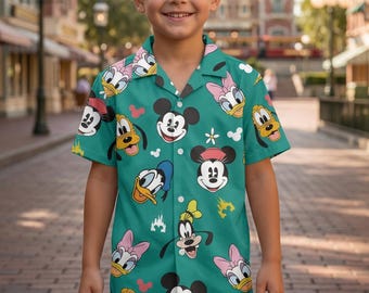 Chemise hawaïenne pour enfants Mickey et ses amis, vacances en famille Disney boutonnée, tenue voyage Disney pour tout-petits jeunesse, chemise d'été Magic Kingdom