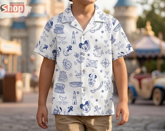 Retro Disney Cruise Kids Hawaiian Shirt, Sketch Mickey Nautical Toddler Button Up Shirt, Vintage Disney Cruise Vacation Outfit For Boys