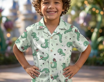 Funny Green Lizard Kids Hawaiian Shirt, Cute Cartoon Reptile Toddler Button Up Shirt, Summer Vacation Beach Shirt, Kids Tropical Aloha Gift