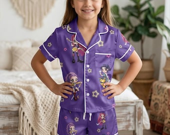 Kpop Inspired Kids Pajamas Set, Cute Anime Girl Pajama Set, Toddler Satin Short PJs, Cartoon Sleepwear For Girls Summer Nightwear Gift