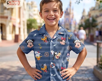 Mickey and Friends Disney Cruise Kids Hawaiian Shirt, Nautical Sailor Toddler Button Up, Blue Family Matching Vacation Outfit for Boys