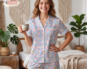 Vintage Mahjong Women's Satin Pajamas Set, Pastel Blue Pink Tile Short PJs, Game Night Sleepwear, Birthday Gift for Mahjong Lovers