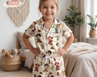 Mickey Friends Cowboy Kids Pajamas, Disney Western Toddler PJs, Satin Short Pajama Set, Summer Sleepwear, Family Trip Outfit