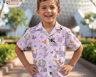 Figment Dragon Kids Hawaiian Shirt, Epcot Disney Button Up Shirt, Purple Dragon Vacation Outfit, Toddler Summer Tee