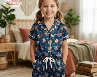 Zootopia Inspired Kids Satin Pajamas Set, Cute Cartoon Animal Sleepwear for Boys Girls, Soft Summer Nightwear Outfit, Gift for Kids