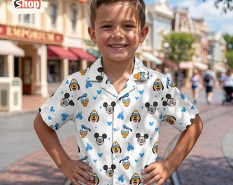 Mickey Donald Pluto Vacation Kids Hawaiian Shirt, Disney Trip Button Down Toddler Family Matching Summer Park Outfit Birthday Gift