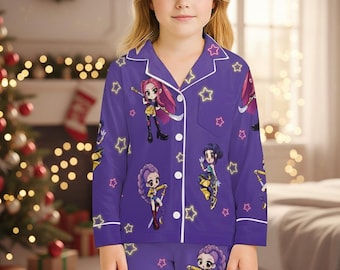 Kpop Kids Pajamas Set, Satin Pjs for Kids, Demon Hunter Inspired Kpop Sleepwear, Cute Anime Character Pattern Pajamas Gift for Fans
