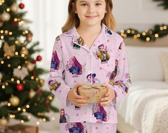 Pink Huntrix Inspired Youth Pajamas Set, Kpop Hunters Satin Kids PJs, Cute Kpop Fan Sleepwear Gift, Girls Cartoon Character Pajama Outfit