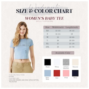 Peut inclure: Un t-shirt b&eacute;b&eacute; bleu clair avec un tableau des tailles et des couleurs. Le tableau indique les mesures en pouces pour les tailles XS &agrave; 2XL. Les couleurs disponibles sont le noir, le blanc, le gris athl&eacute;tique, le naturel, le bleu b&eacute;b&eacute;, le rouge, le rose et le marine.