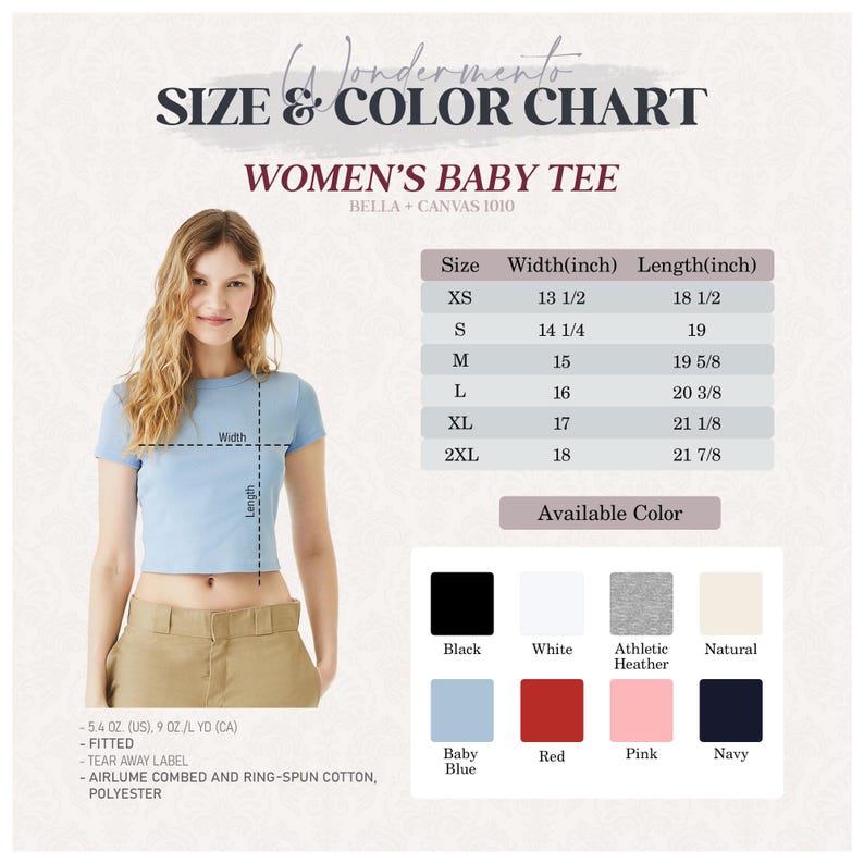Peut inclure: Un t-shirt b&eacute;b&eacute; bleu clair avec un tableau des tailles et des couleurs. Le tableau indique les mesures en pouces pour les tailles XS &agrave; 2XL. Les couleurs disponibles sont le noir, le blanc, le gris athl&eacute;tique, le naturel, le bleu b&eacute;b&eacute;, le rouge, le rose et le marine.