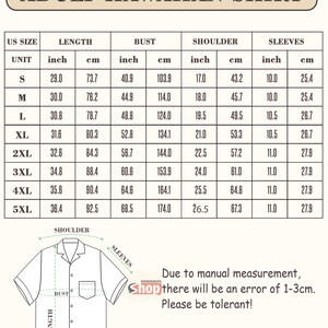 May include: A size chart for an adult Hawaiian shirt featuring a table with US sizes from S to 5XL, listing length, bust, shoulder, and sleeve measurements in inches and centimeters. A line drawing of a shirt illustrates these measurement points.