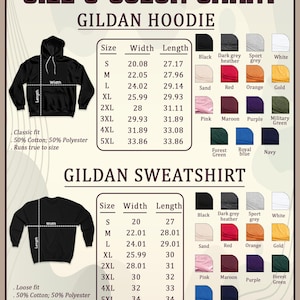 May include: A size and colour chart for Gildan hoodies and sweatshirts. The chart includes size measurements in inches and a colour palette with options like black, red, and navy. The hoodies are classic fit, and the sweatshirts are loose fit.