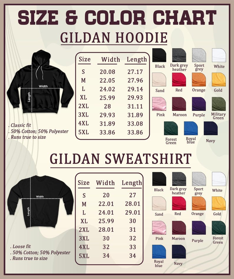 May include: A size and colour chart for Gildan hoodies and sweatshirts. The chart includes size measurements in inches and a colour palette with options like black, red, and navy. The hoodies are classic fit, and the sweatshirts are loose fit.