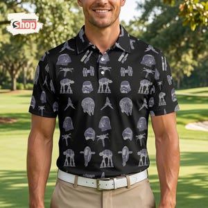 May include: Black polo shirt featuring a repeating pattern of Star Wars characters and vehicles in gray. The shirt has a collared neckline and a three-button placket. The Wondermento Shop logo is visible in the upper left corner.